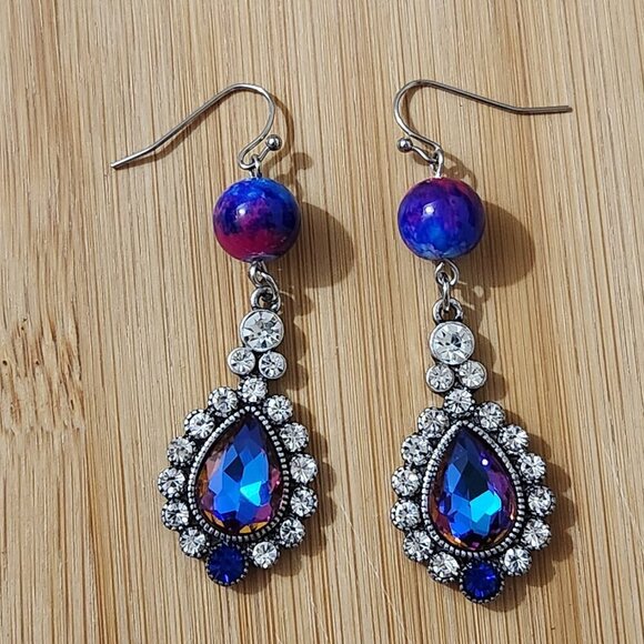 Hand Crafted Dangle Earrings Bead Crystals Rhinestones Charm Pendant Purple Blue - Picture 4 of 4